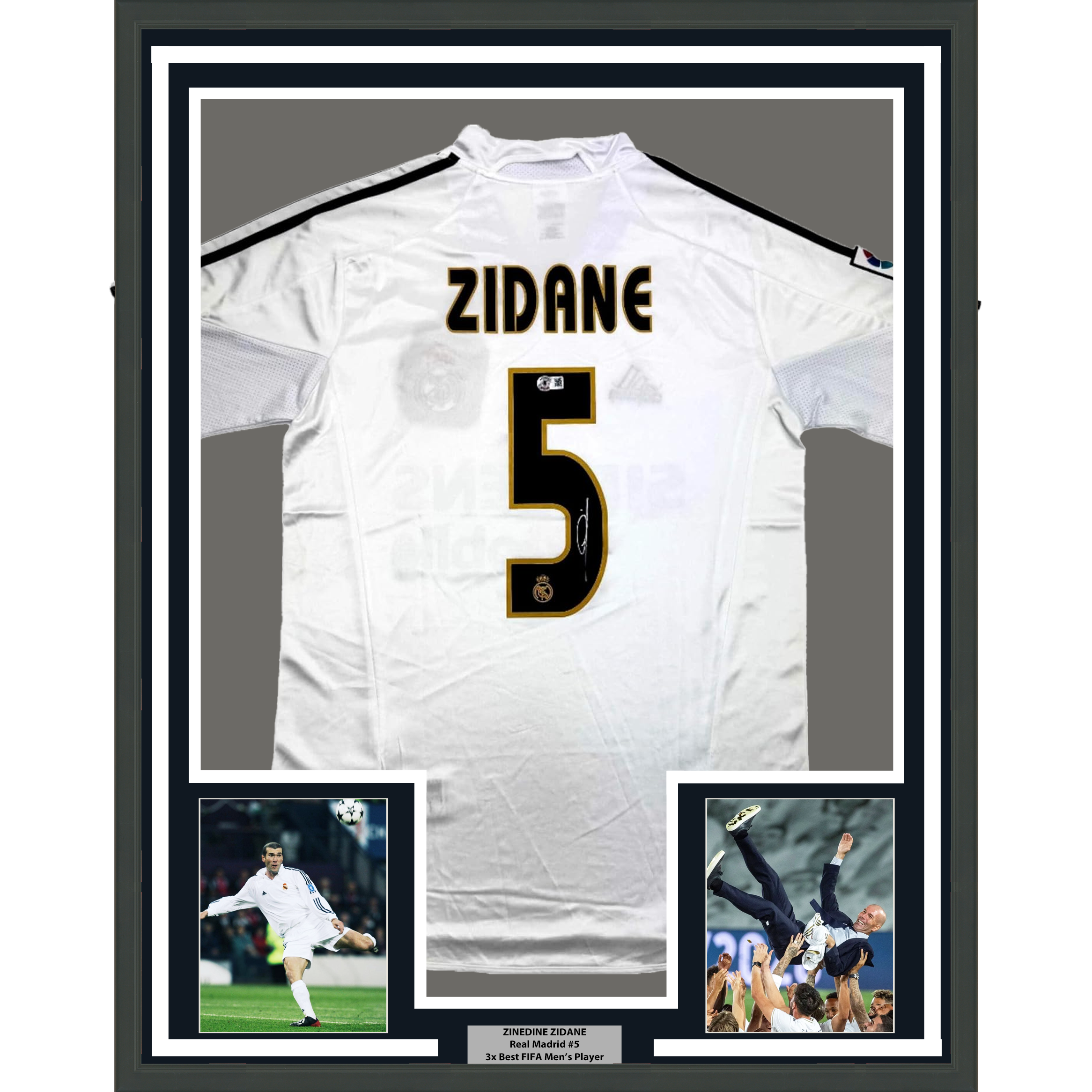 Framed Autographed Real Madrid Zinedine Zidane White Soccer Jersey