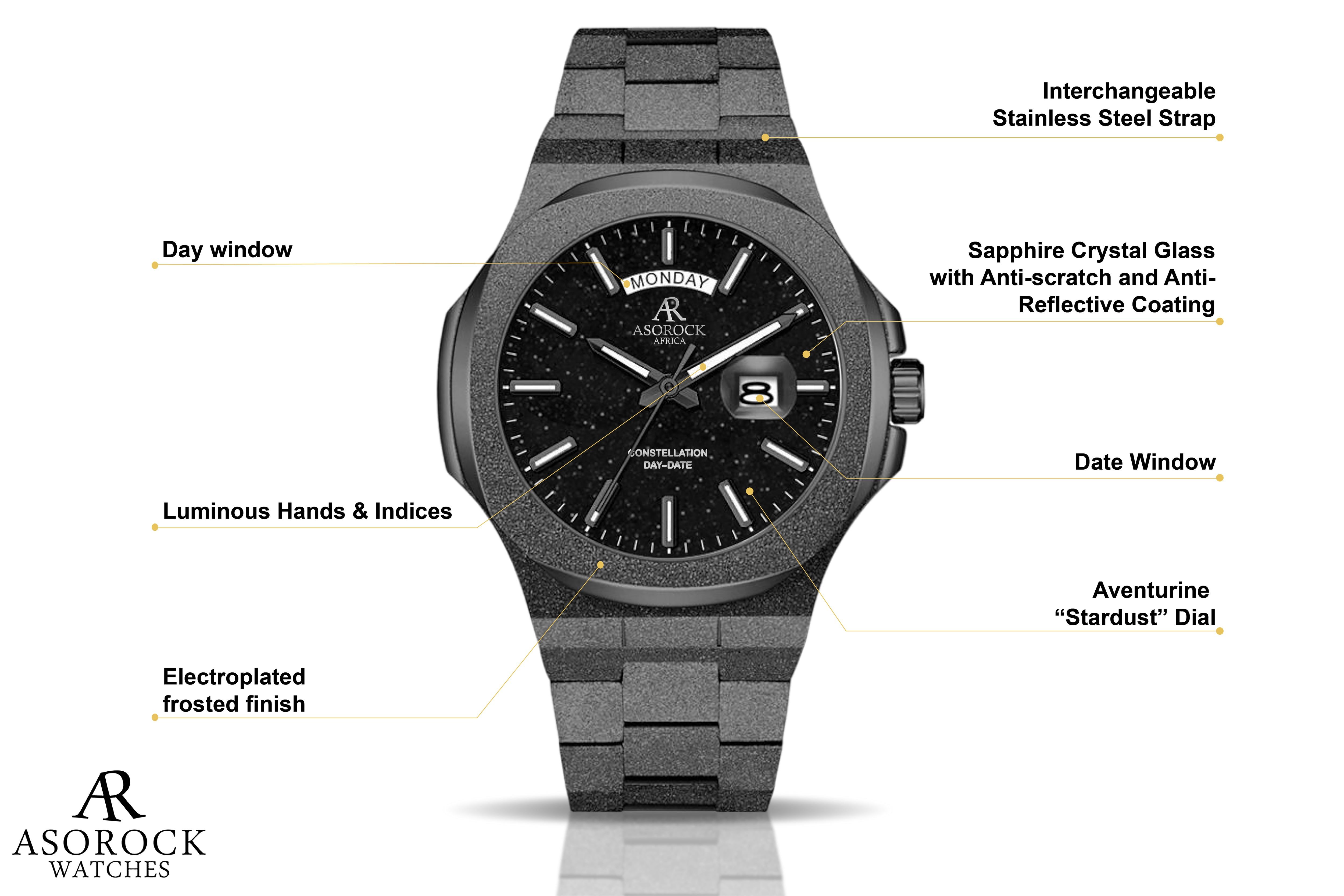 All Black frosted stardust Constellation Day-Date - from ASOROCK WATCHES  a black african american owned luxury unique watch brand with swiss rolex, Audemars Piguet, patek homage inspired style watches. Also a custom vvs moissanite diamond watch maker. 