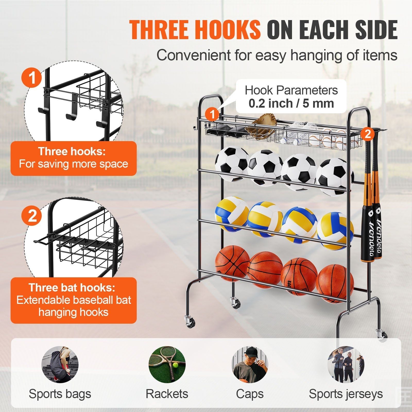 Rolling 4-Layer Basketball Rack with Wheels