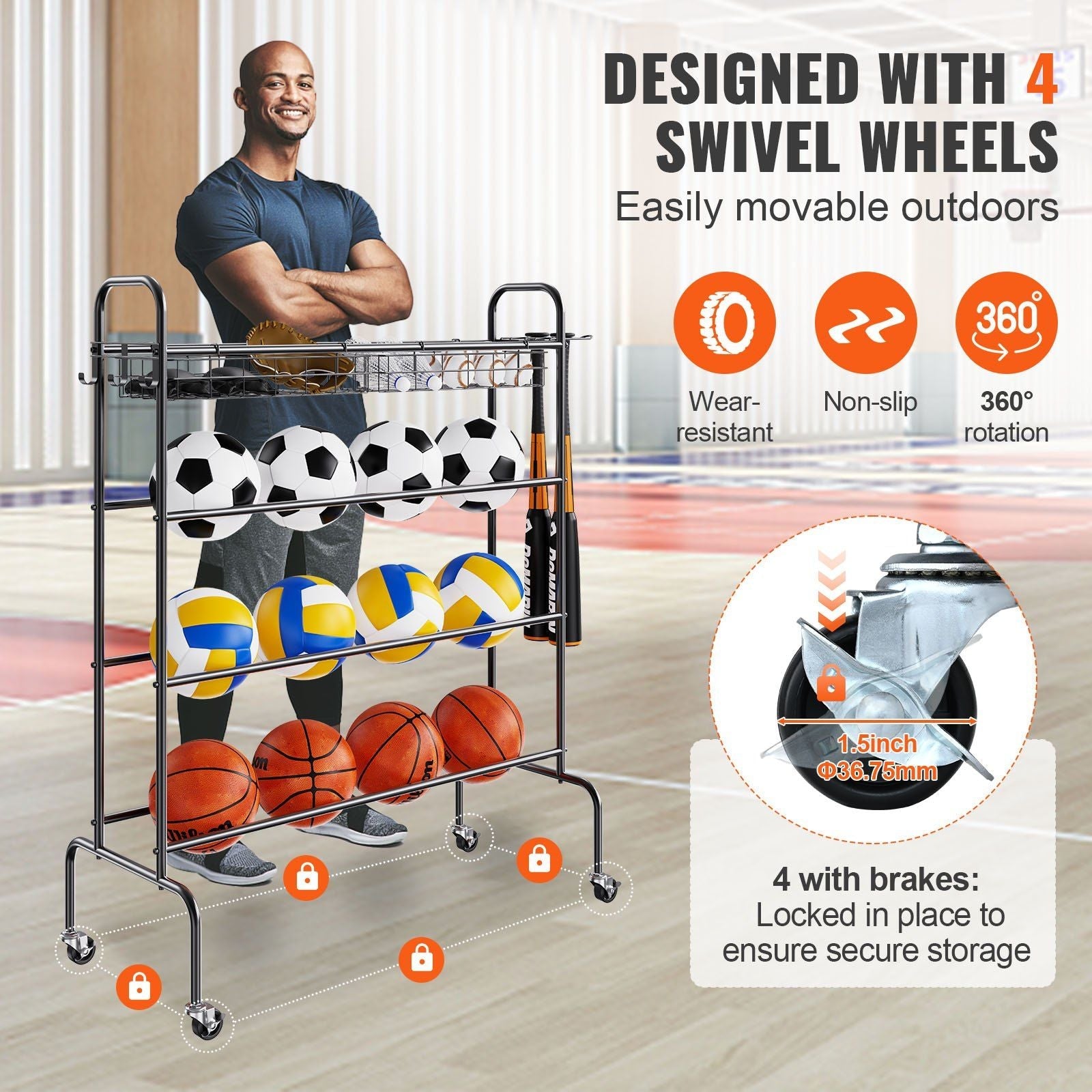 Rolling 4-Layer Basketball Rack with Wheels