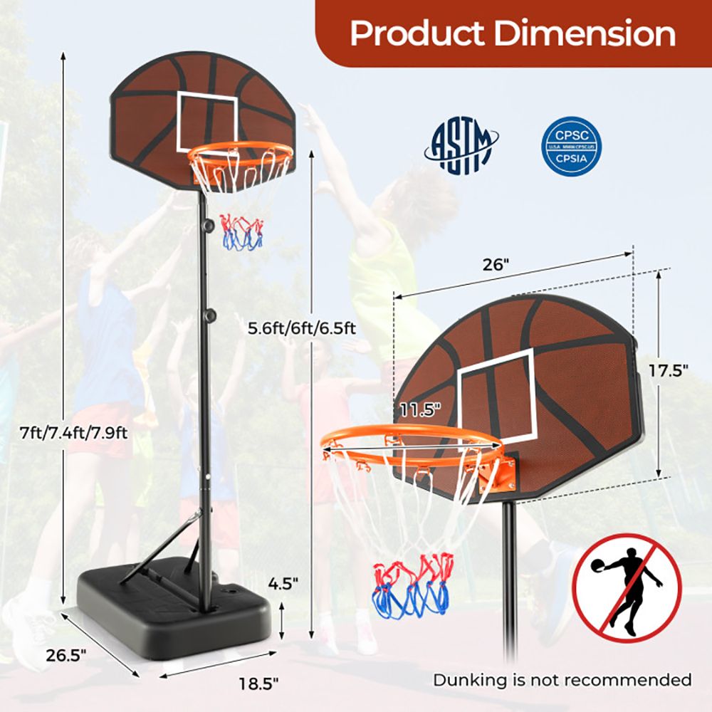 Kids Adjustable Basketball Hoop 5.6-6.5 Feet with Shatterproof Backboard