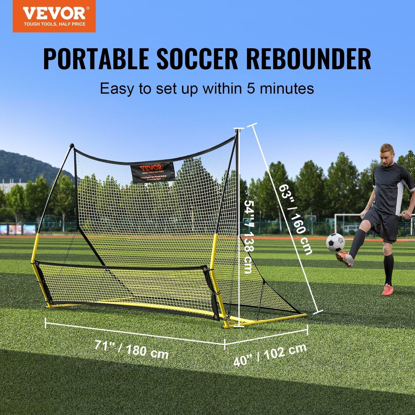 Soccer Trainer, 2-IN-1 Portable Soccer Rebounder Net, 71"x40" Iron Soccer Practice Equipment,