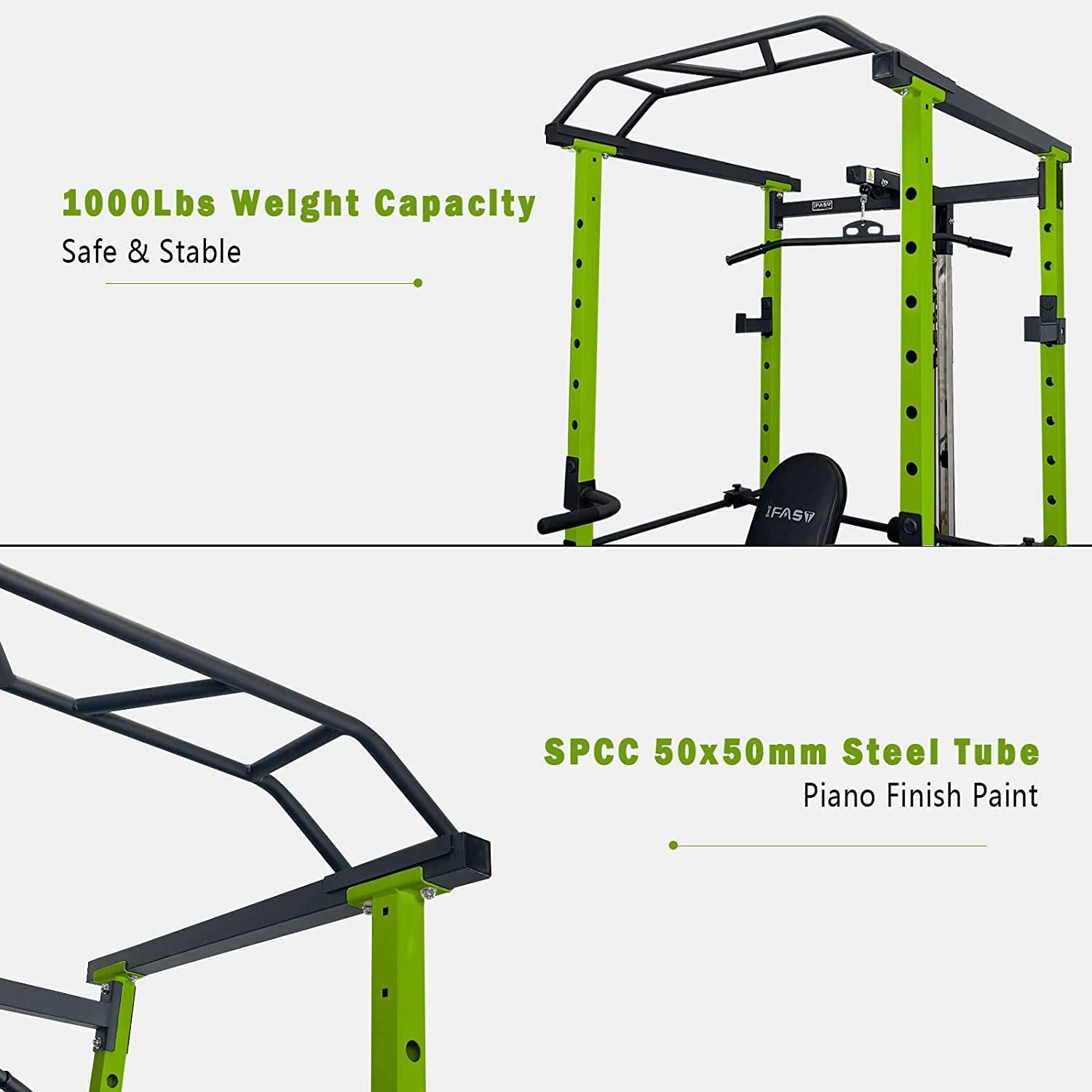 1000 lbs. capacity Green Multi-functional Power Cage, Home Adjustable Pullup Squat Rack Comprehensive Fitness Barbell Rack