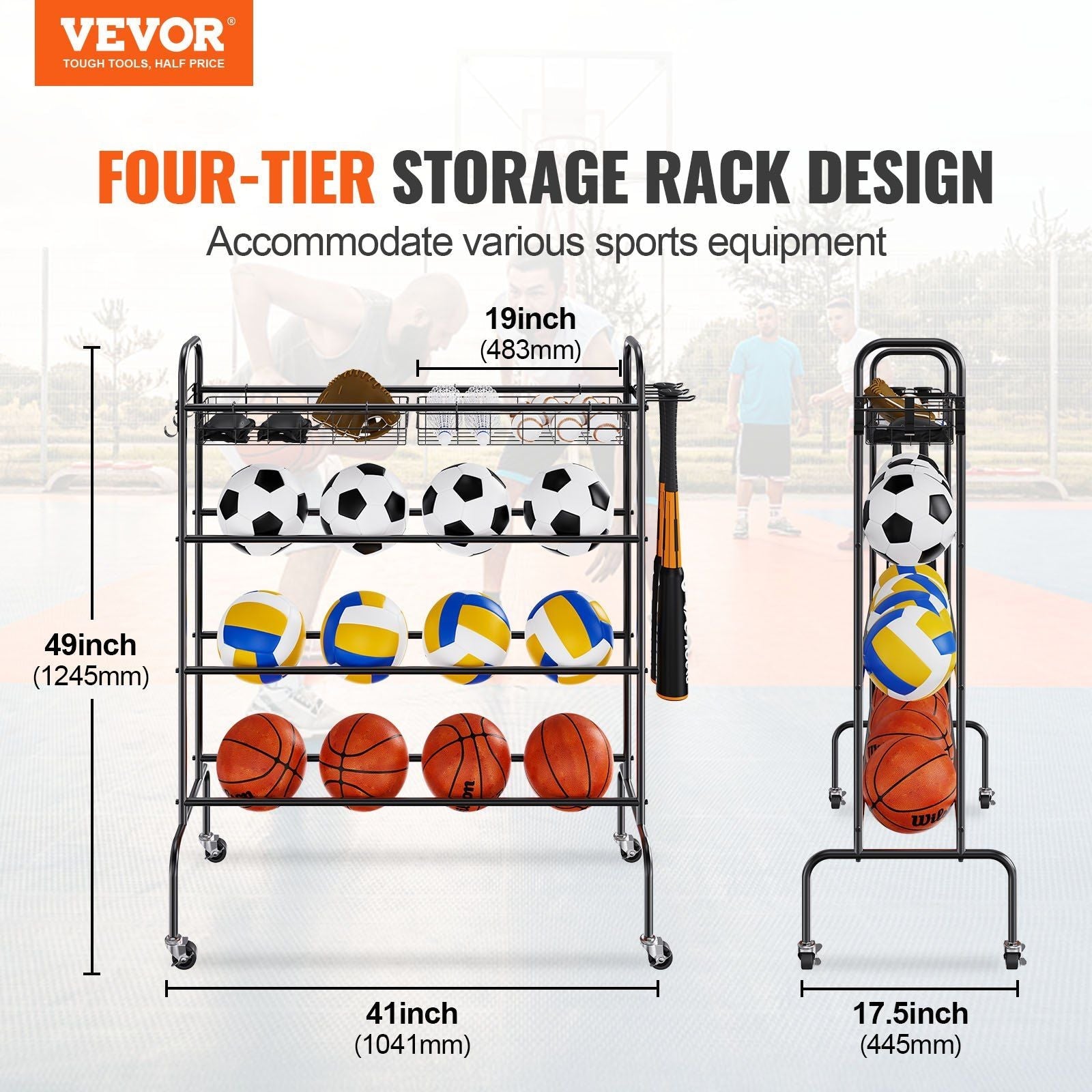 Rolling 4-Layer Basketball Rack with Wheels