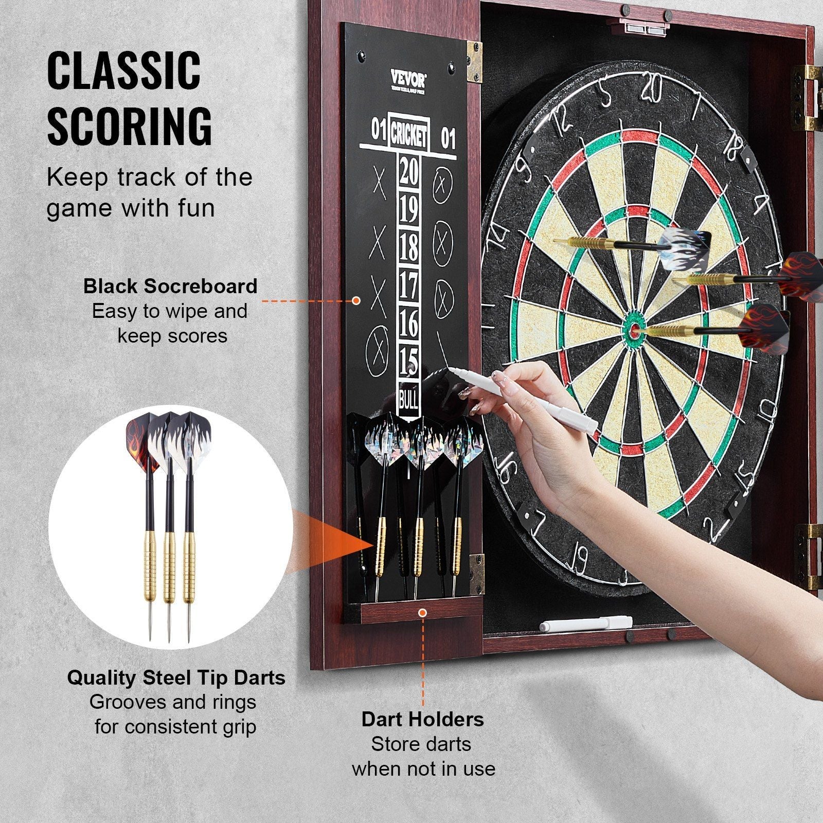 Dartboard and Cabinet Set Official Size Complete dart board Accessory Steel Tip Dart