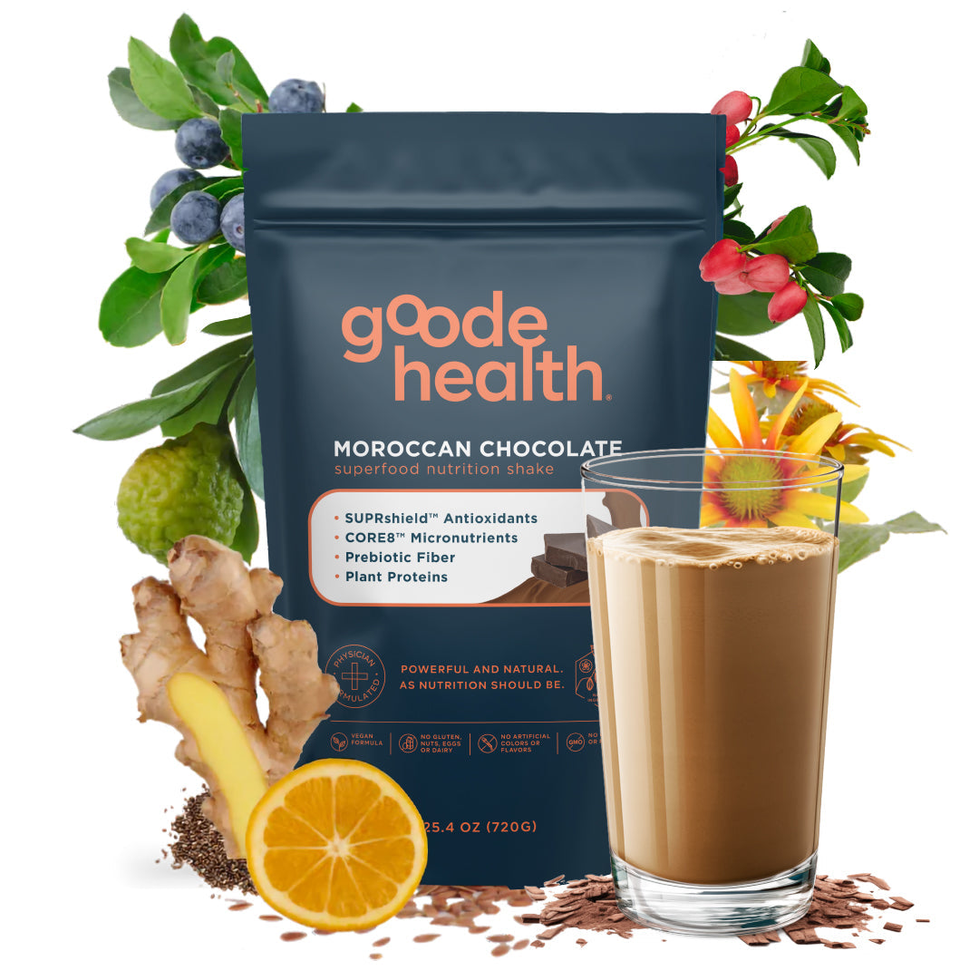 Goode health superfood nutrition shake, Moroccan chocolate surrounded by ingredients and shake