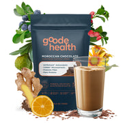 Goode health superfood nutrition shake, Moroccan chocolate surrounded by ingredients and shake