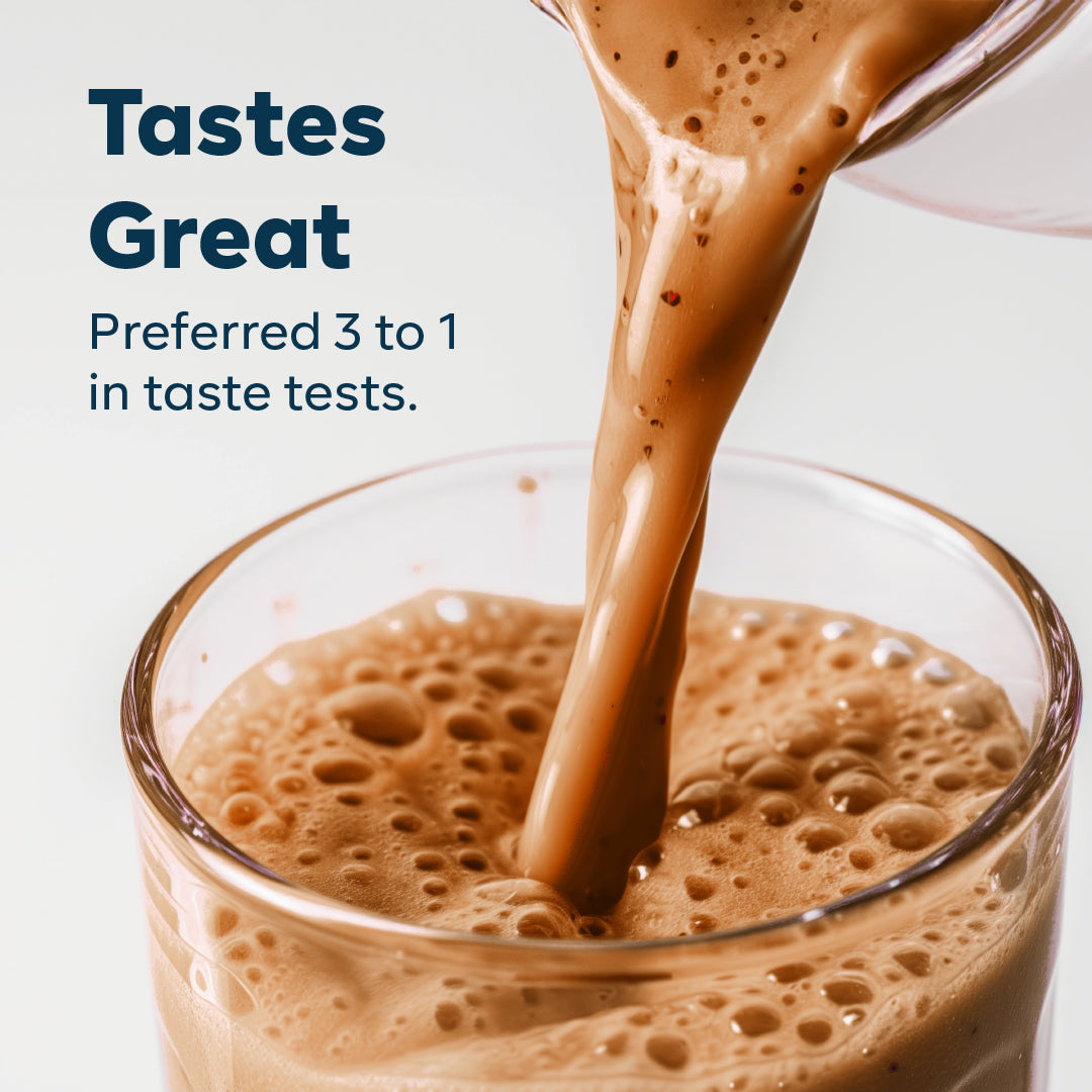 Graphic of pouring Goode health shake with header "Tastes Great; Preferred 3 to in taste tests"