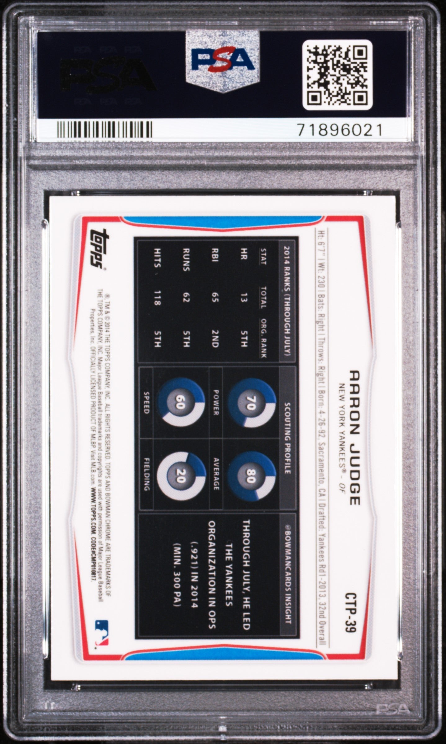 New York Yankees Aaron Judge 2014 Topps Bowman Draft Picks Chrome Rookie Card