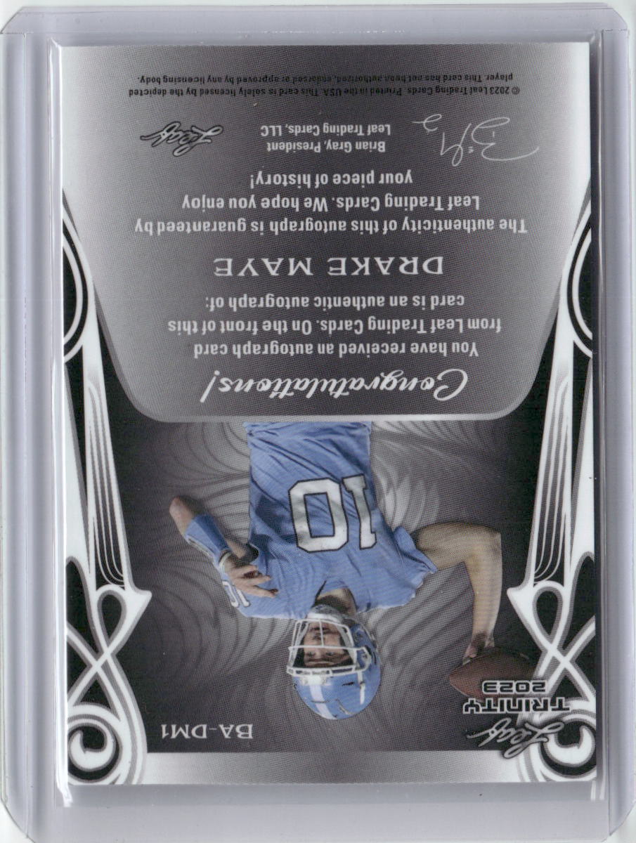 2023 Leaf Trinity Drake Maye #BA-DM1 Autographed #/99 Rookie Football Card