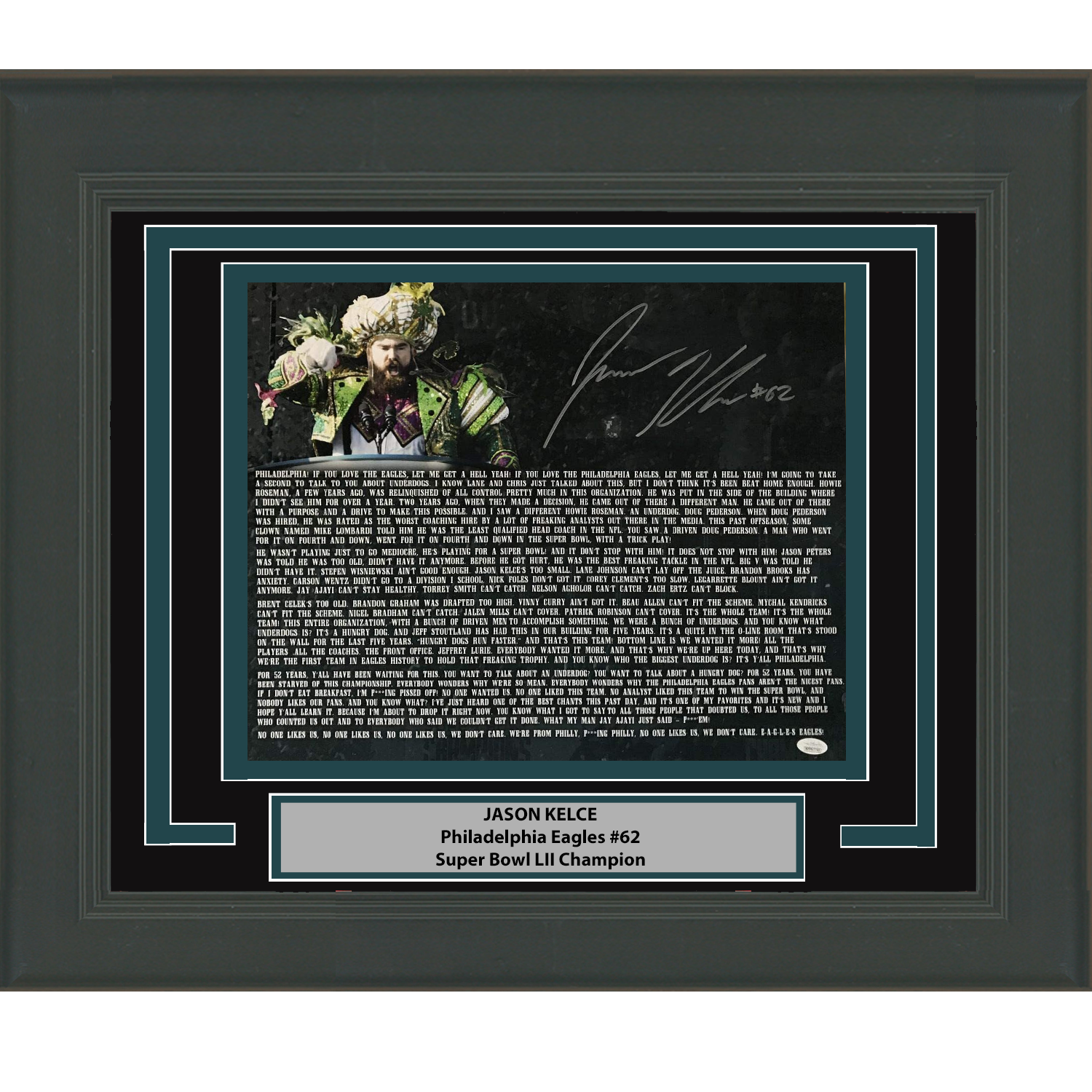 Framed Autographed/Signed Jason Kelce Super Bowl Parade Speech Transcript Mummers Philadelphia Eagles 16x20 Football Photo PSA/DNA COA