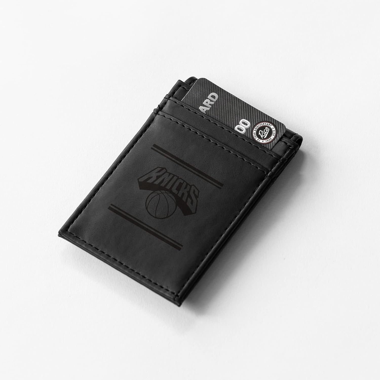 New York Knicks Premium Black Leather Wallet, Front Pocket Magnetic Money Clip, Laser Engraved, Vegan