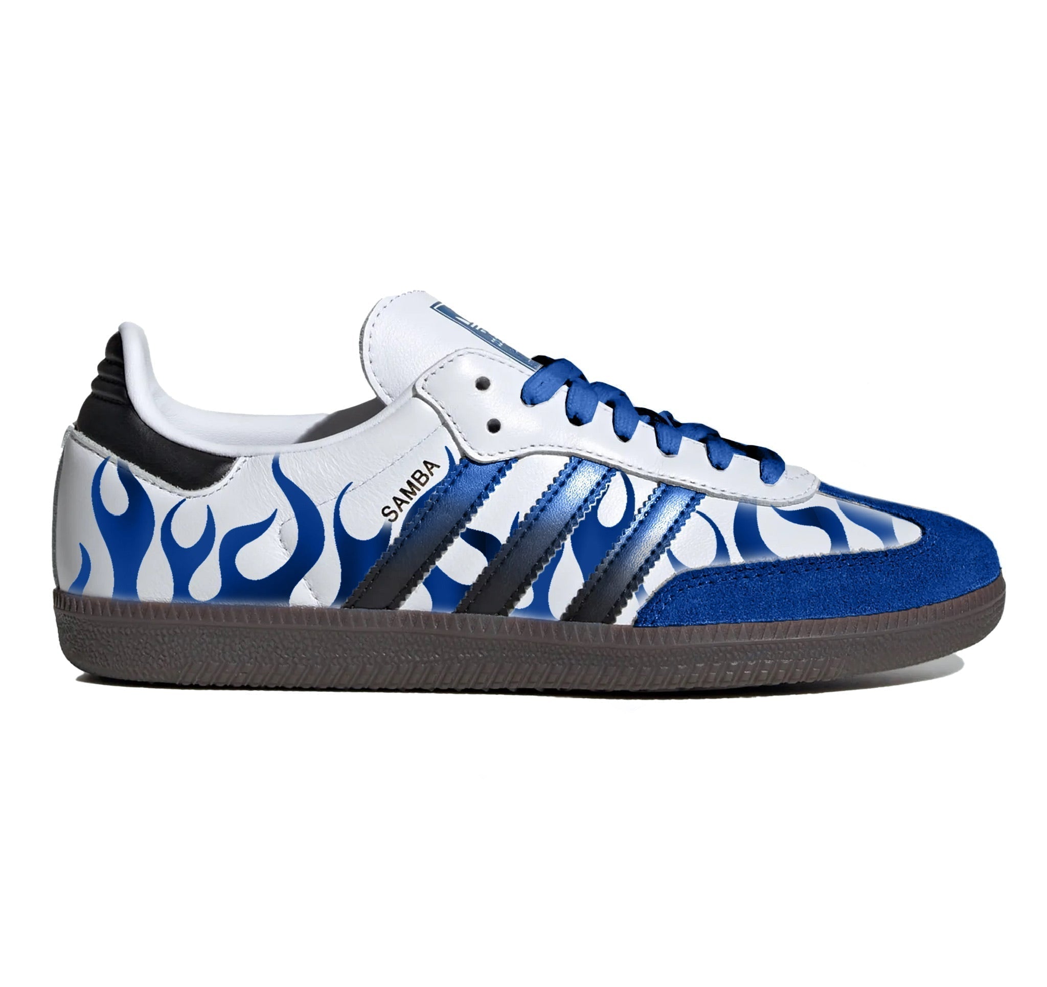 "Metallic Blue Flames" Adidas Sambas Shoes