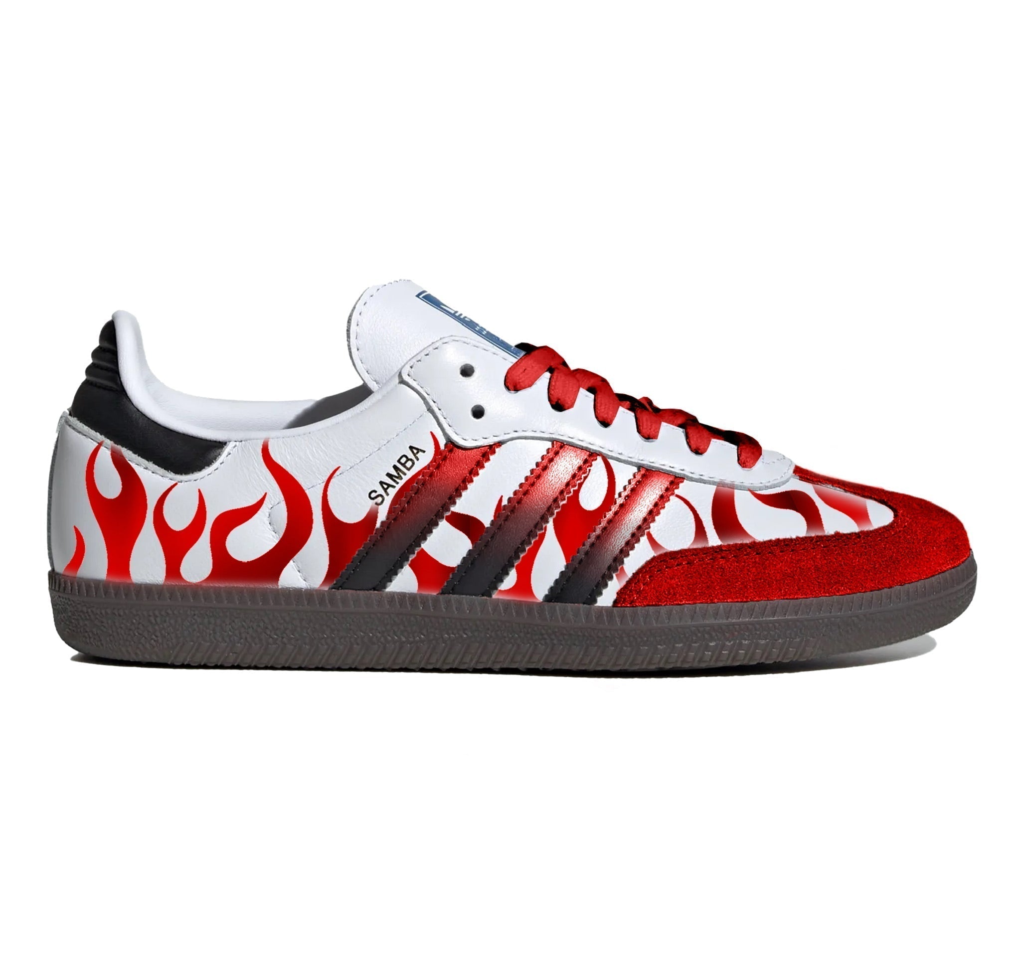 "Metallic Red Flames" Adidas Sambas Shoes