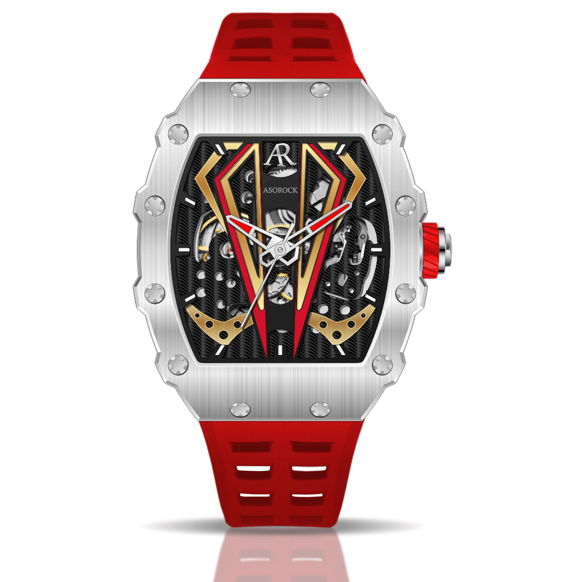 Silver/red Motorsport V2 automatic - from ASOROCK WATCHES  a black african american owned luxury unique watch brand with swiss rolex, Audemars Piguet, patek homage inspired style watches. Also a custom vvs moissanite diamond watch maker. 