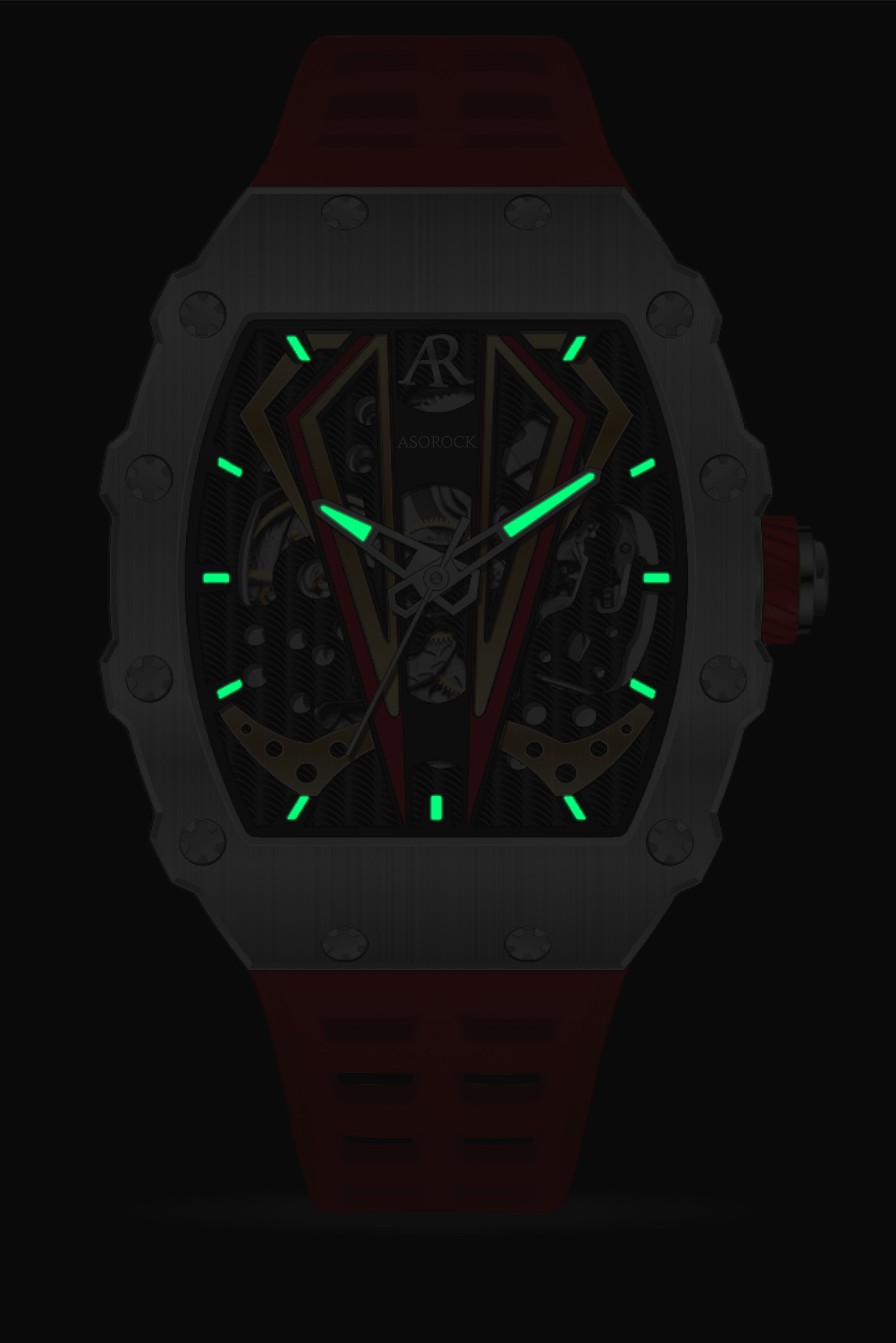 Silver/red Motorsport V2 automatic - from ASOROCK WATCHES  a black african american owned luxury unique watch brand with swiss rolex, Audemars Piguet, patek homage inspired style watches. Also a custom vvs moissanite diamond watch maker. 